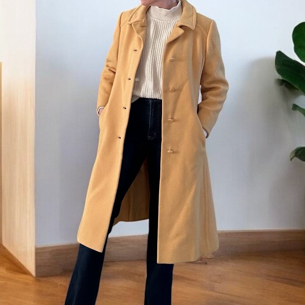 VTG 60s Yellow Wool Maxi Trench Coat Giralda Room 8/10 Quiet Luxury Clean Girl